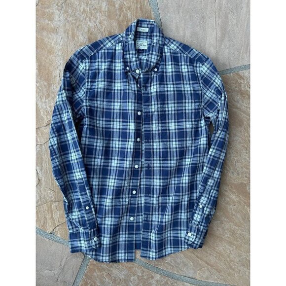 J Crew Blue White Green Slim Fit Plaid Print Button Down Dress Shirt Size Small - Picture 1 of 3